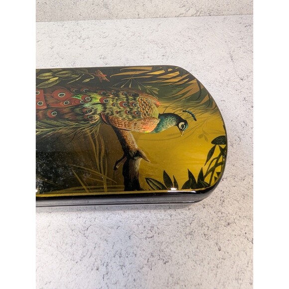 Hand-Painted Russian Lacquer Box – Peacock Scene – Long Trinket Box Red Interior - Picture 2 of 9